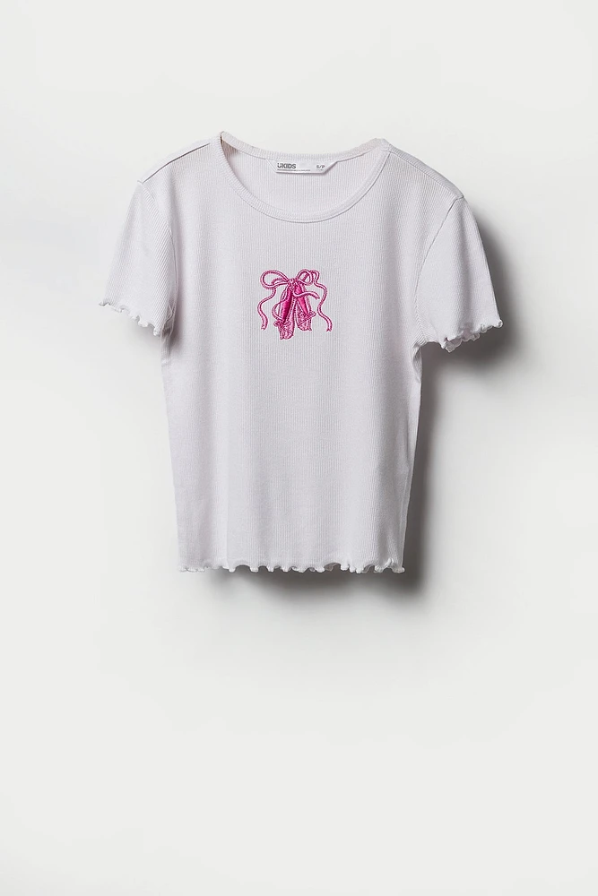 T-shirt côtelé avec motif brodé et ourlet volanté pour fille