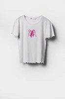 Girls Ribbed Embroidered Lettuce Edge T-Shirt