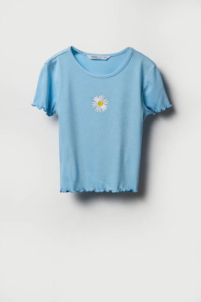 Girls Ribbed Embroidered Lettuce Edge T-Shirt