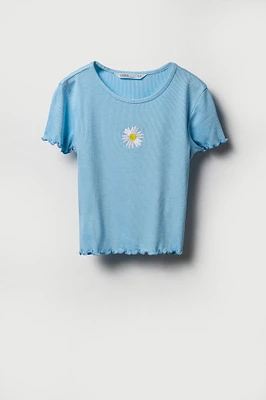 Girls Ribbed Embroidered Lettuce Edge T-Shirt
