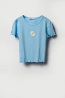 Girls Ribbed Embroidered Lettuce Edge T-Shirt