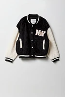 Girls Quilted Plush Chenille Embroidered Varsity Jacket