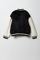 Girls Quilted Plush Chenille Embroidered Varsity Jacket