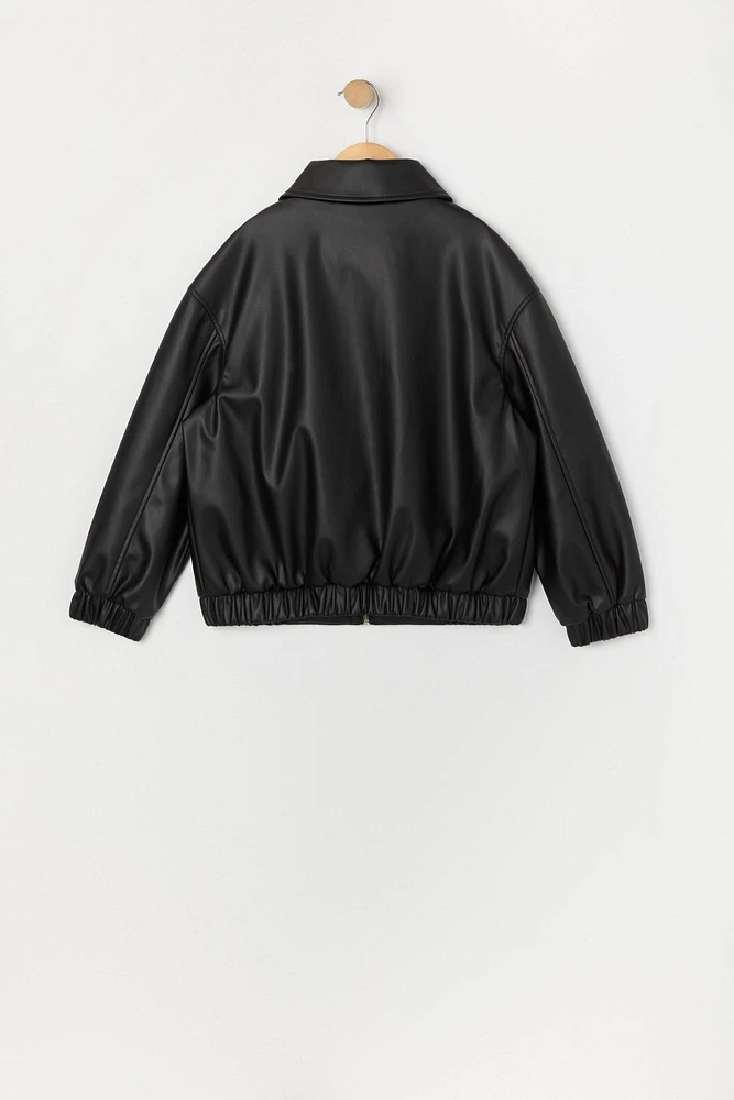 Girls Faux Leather Bomber Jacket