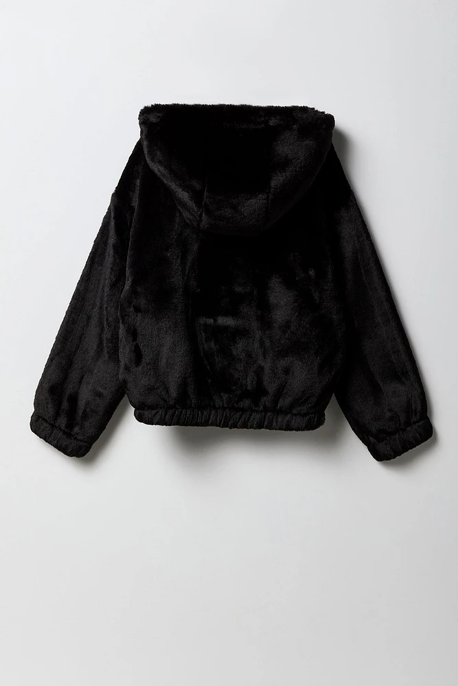 Girls Faux Fur Hooded Bomber Jacket