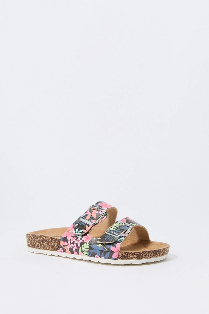 Girls Floral Print Buckled Cork Sandal