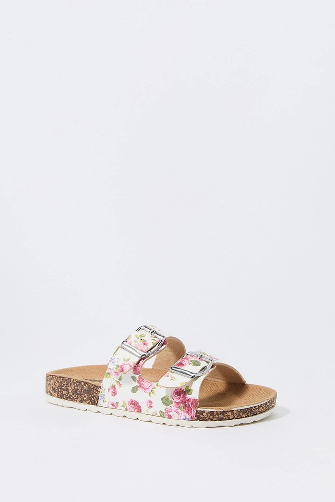 Girls Rose Print Buckled Cork Sandal