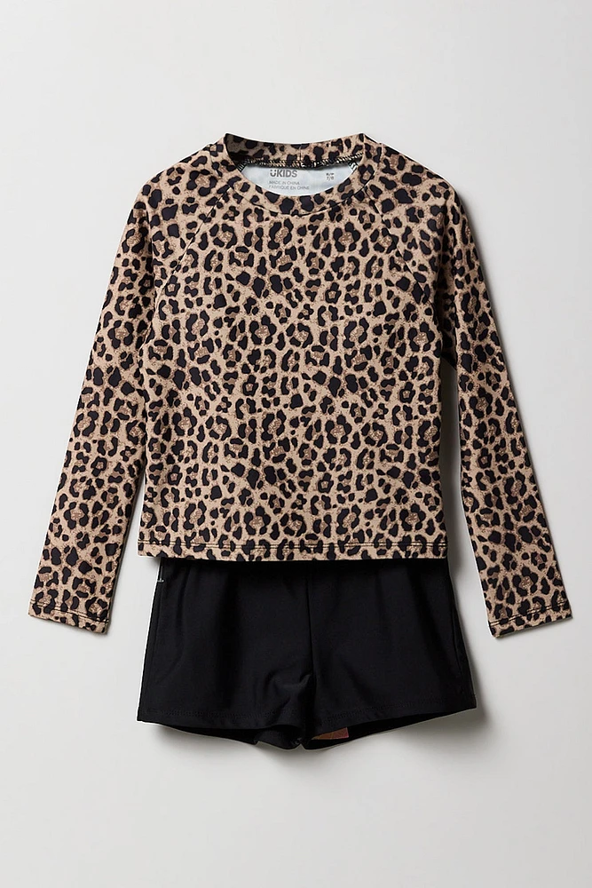 Girls Printed Long Sleeve Top & Short 2 Piece Swimsuit Set