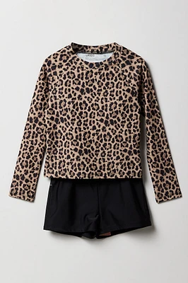 Girls Printed Long Sleeve Top & Short 2 Piece Swimsuit Set