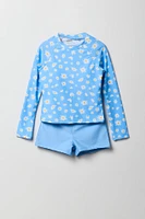Maillot de bain deux-pièces avec haut à manches longues imprimé et short pour fille