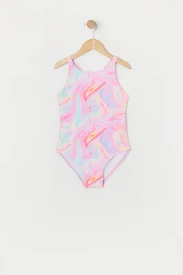 Girls Paint Swirl Print Crisscross Back One Piece Swimsuit with built-in cups
