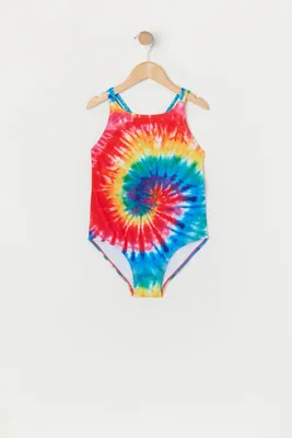 Girls Tie Dye Print Crisscross Back One Piece Swimsuit with built-in cups