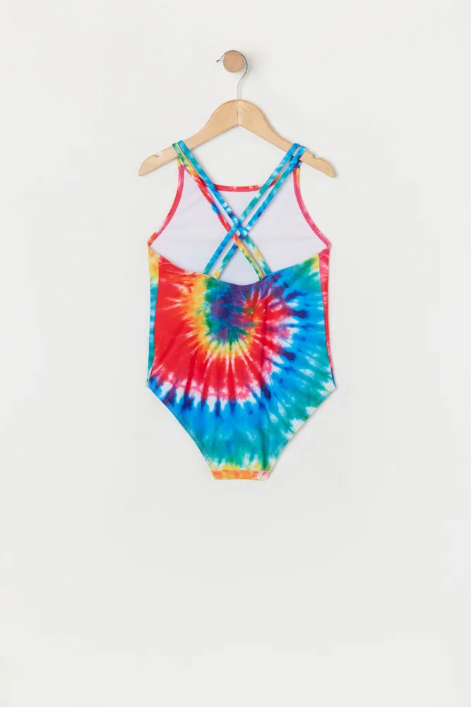 Girls Tie Dye Print Crisscross Back One Piece Swimsuit with built-in cups