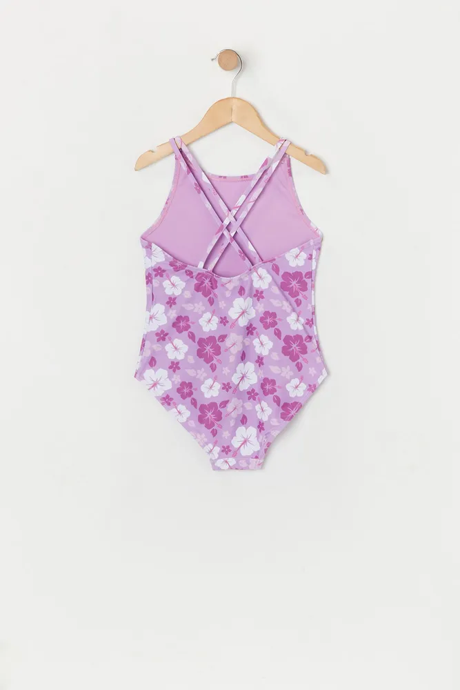 Girls Purple Hawaiian Print Crisscross Back One Piece Swimsuit with built-in cups