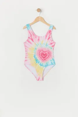 Girls Tie Dye Heart Print One Piece Swimsuit with Built-In Cups
