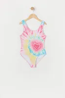 Girls Tie Dye Heart Print One Piece Swimsuit with Built-In Cups