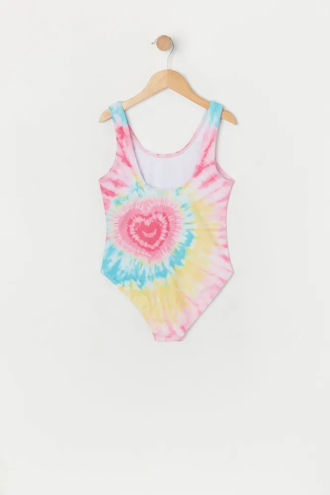 Girls Tie Dye Heart Print One Piece Swimsuit with Built-In Cups