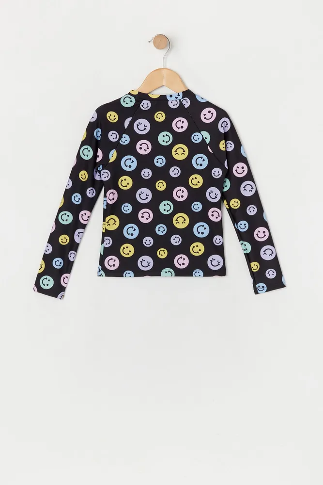 Girls Smiley Face Print Rashguard with built-in cups