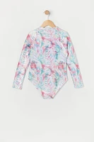 Girls Sparkle Tropical Print Front Zip Rashguard Swimsuit