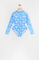 Girls Floral Print Long Sleeve One Piece Swimsuit with built-in cups