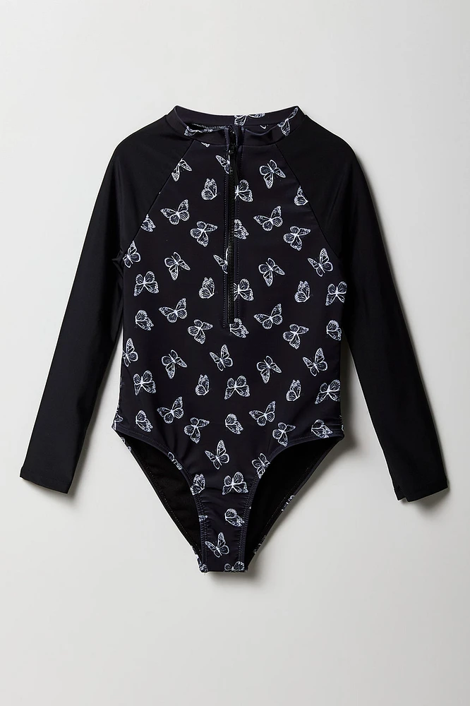 Girls Long Sleeve One Piece Rashguard Swimsuit