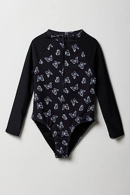 Girls Long Sleeve One Piece Rashguard Swimsuit