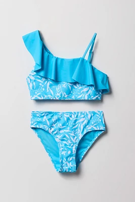 Maillot de bain deux-pièces à épaule unique volantée pour fille
