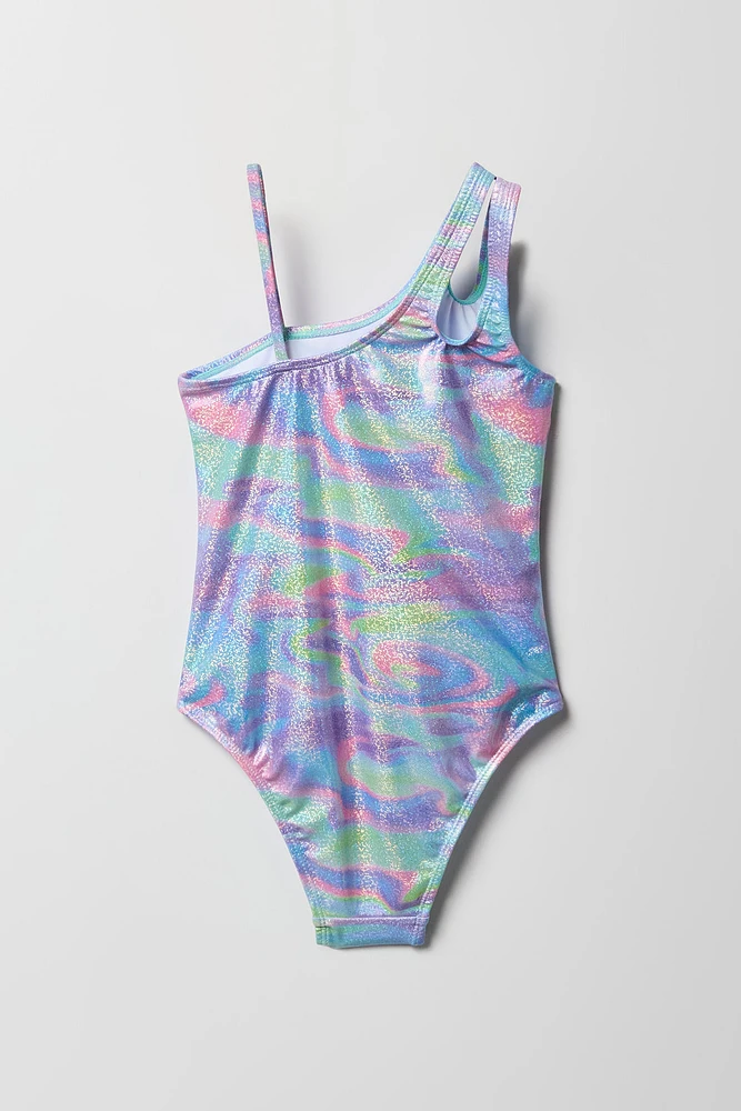 Maillot de bain une-pièce à épaule unique chatoyant pour fille
