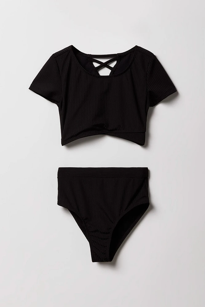 Maillot de bain deux pièces côtelé à manche courte pour filles