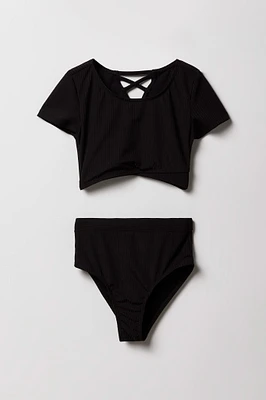 Maillot de bain deux pièces côtelé à manche courte pour filles