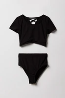 Girls Ribbed Short Sleeve 2 Piece Swimsuit