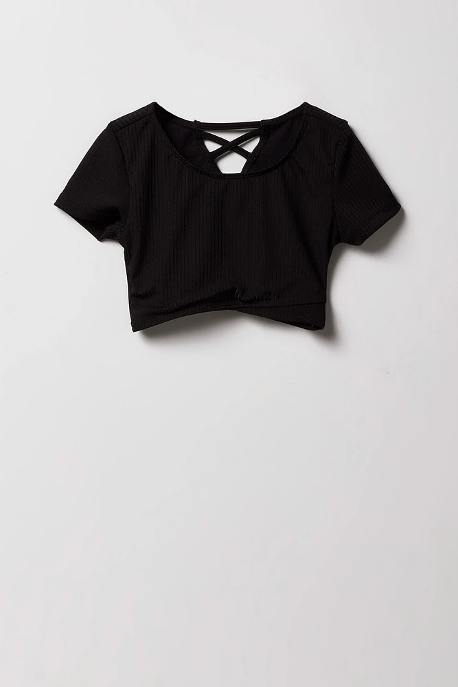Girls Ribbed Short Sleeve 2 Piece Swimsuit