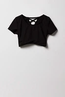 Girls Ribbed Short Sleeve 2 Piece Swimsuit