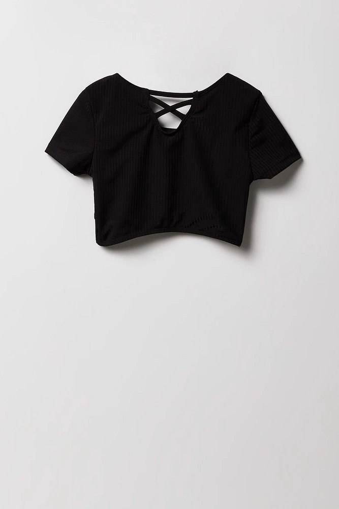 Girls Ribbed Short Sleeve 2 Piece Swimsuit