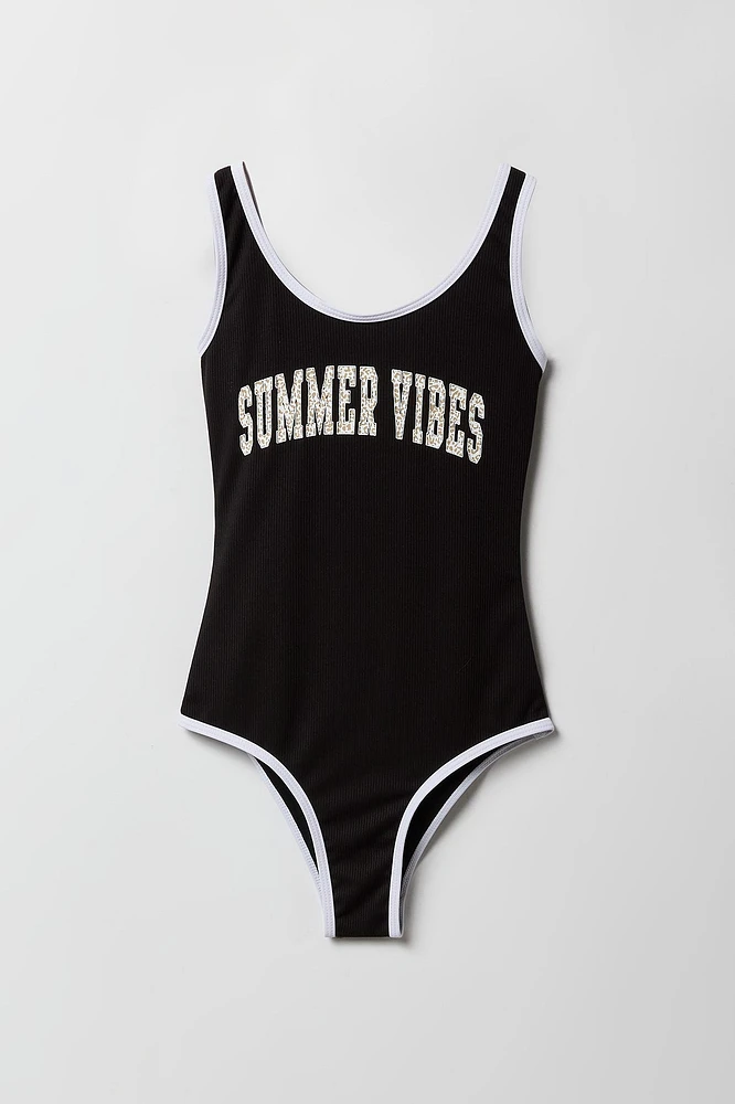 Girls Graphic Ribbed One Piece Swimsuit