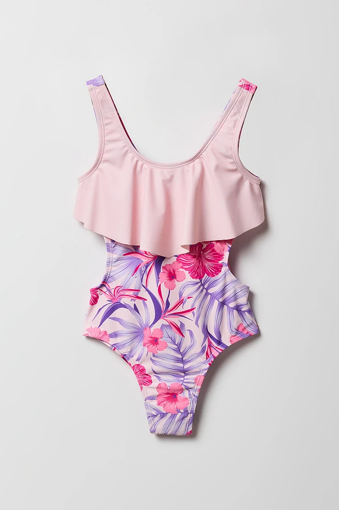 Girls Floral Cut-Out One Piece Swimsuit