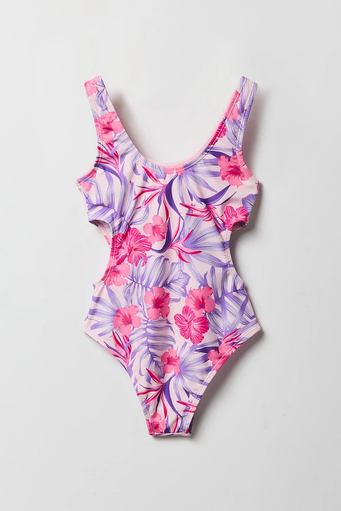 Maillot de bain une-pièce fleuri avec découpes pour fille