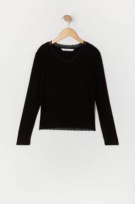 Girls Ribbed Lace Trim Long Sleeve Top