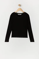 Girls Ribbed Lace Trim Long Sleeve Top