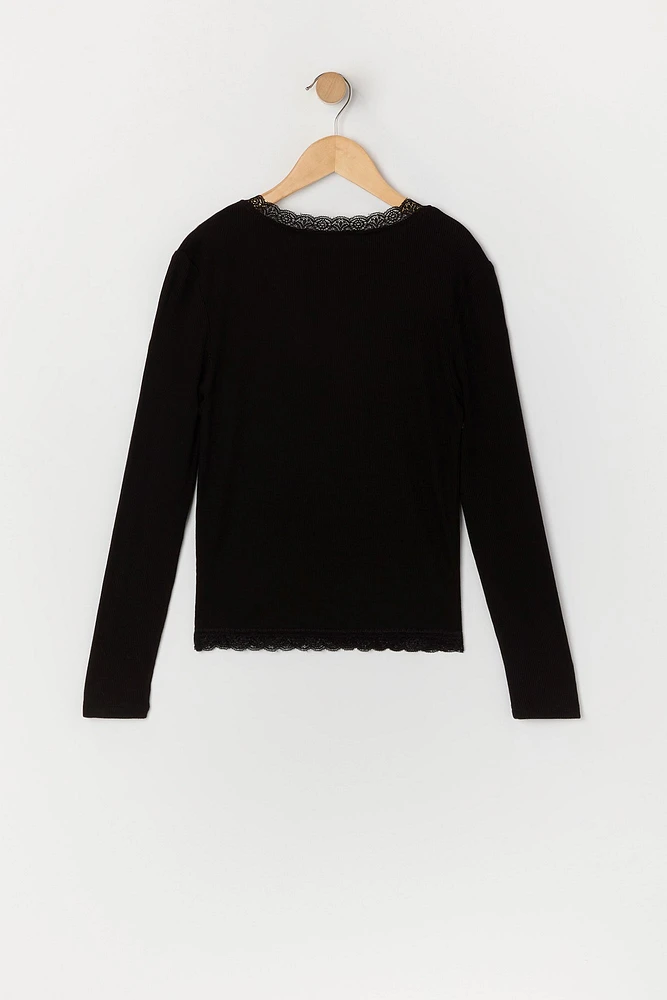 Girls Ribbed Lace Trim Long Sleeve Top