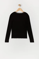 Girls Ribbed Lace Trim Long Sleeve Top