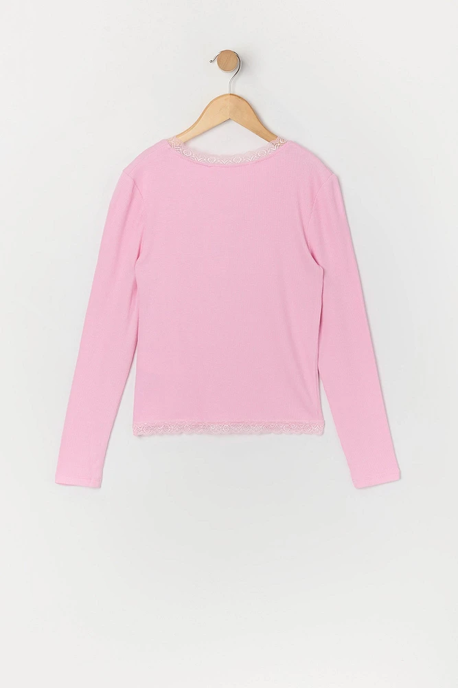 Girls Ribbed Lace Trim Long Sleeve Top