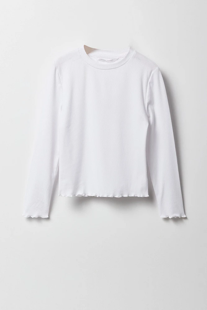 Girls Ribbed Lettuce Edge Long Sleeve Top