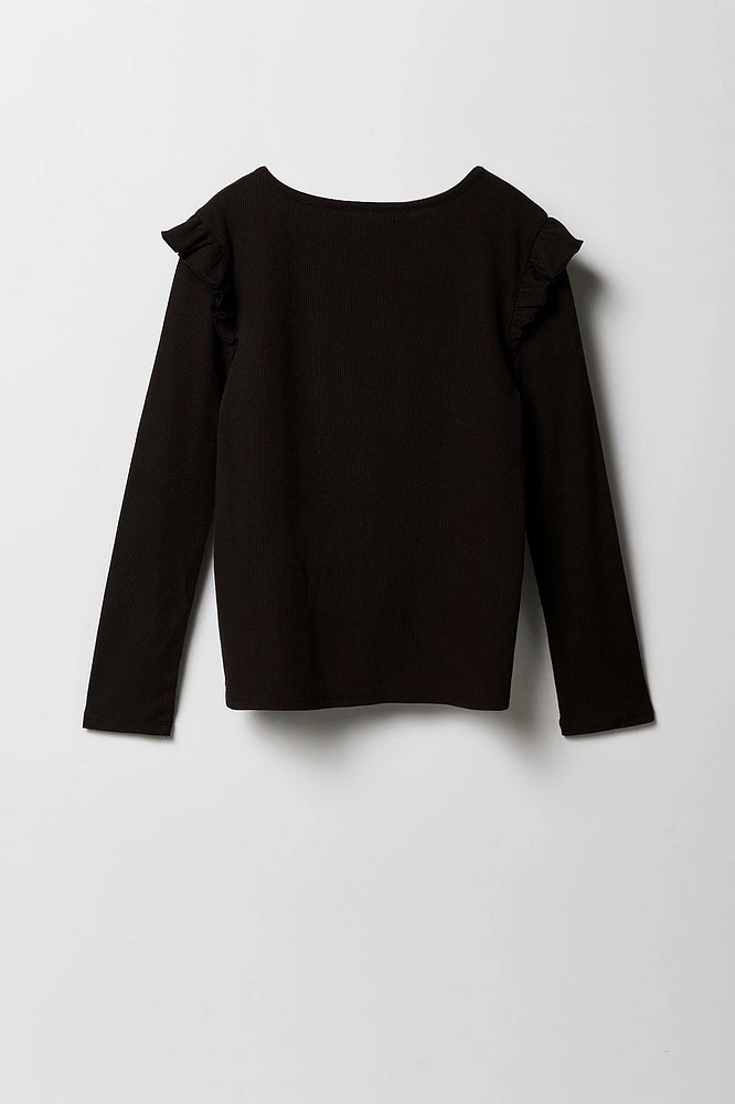 Girls Flutter Shoulder Long Sleeve Top