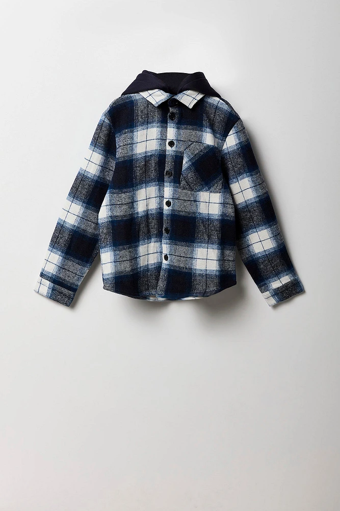 Boys Plaid Hooded Button-Up Top