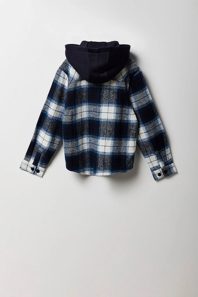 Boys Plaid Hooded Button-Up Top