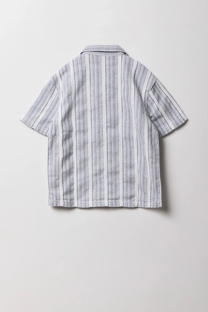 Boys Striped Knit Button-Up Short Sleeve Top