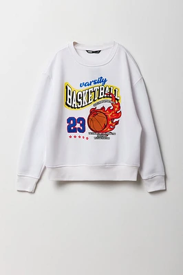 Boys Varsity Basketball Chenille Embroidered Graphic Fleece Sweatshirt