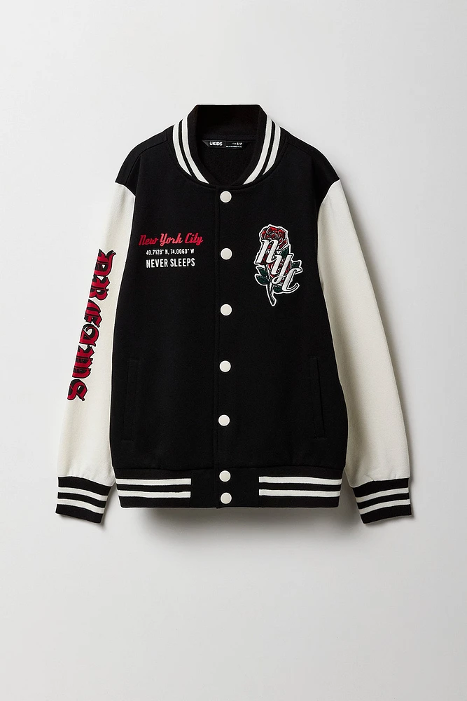Kids Embroidered Graphic Fleece Varsity Jacket