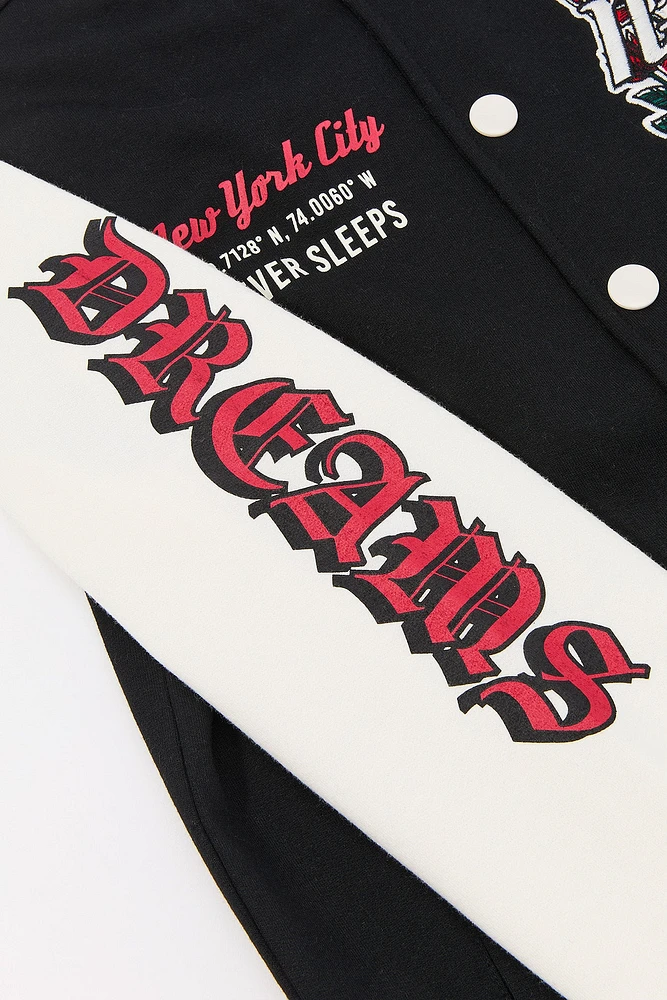 Kids Embroidered Graphic Fleece Varsity Jacket